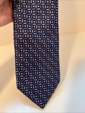 Faconnable Navy Geometric 100% Silk Tie with Light Dot Accents - Men’s
